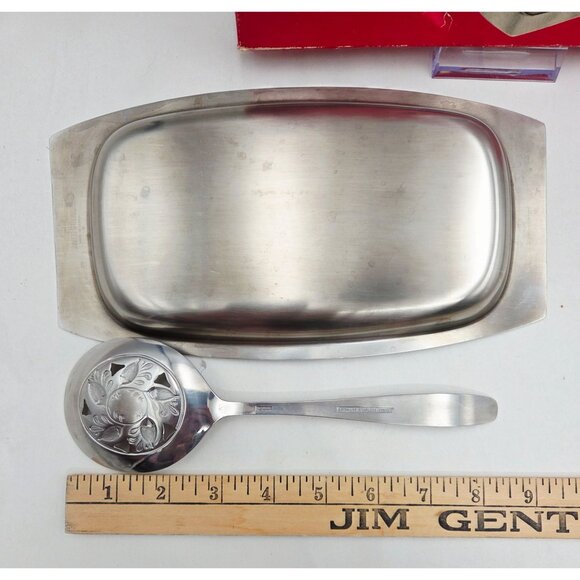 Vintage Cranberry Serving Set Leonard Stainless Steel Spoon & Tray in Box - Picture 6 of 11